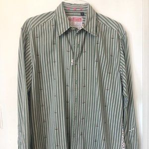 Men's Robert Graham Green and White Stripe Long Sleeve Shirt with Sailboats XL